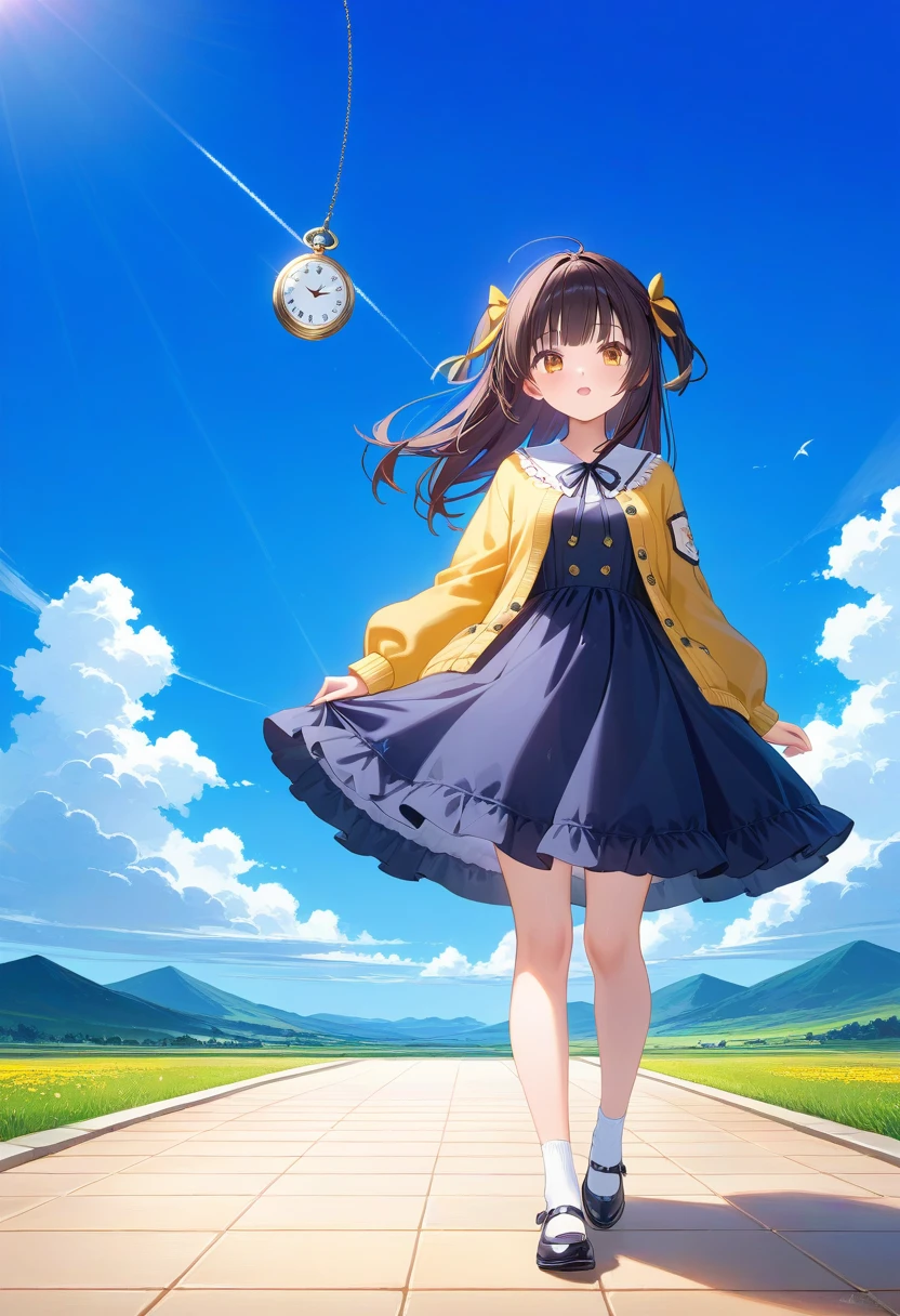 ************、One girl、cute little、a very cute、Cardigan、Clock background、pocket watch、Have a pocket watch、A dark-haired、Two-side-up、Straight face、Black Ruffle Dress、Ribbon on the back、Cute shoes、Steppe floor、Looking Ahead、Blue Sky Background、