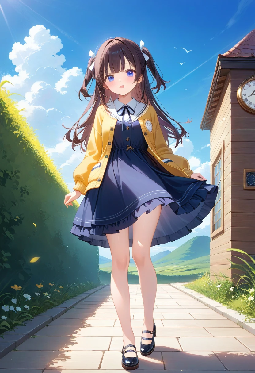 14 years old、One girl、cute little、a very cute、Cardigan、Clock background、pocket watch、Have a pocket watch、A dark-haired、Two-side-up、Straight face、Black Ruffle Dress、Ribbon on the back、Cute shoes、Steppe floor、Looking Ahead、Blue Sky Background、