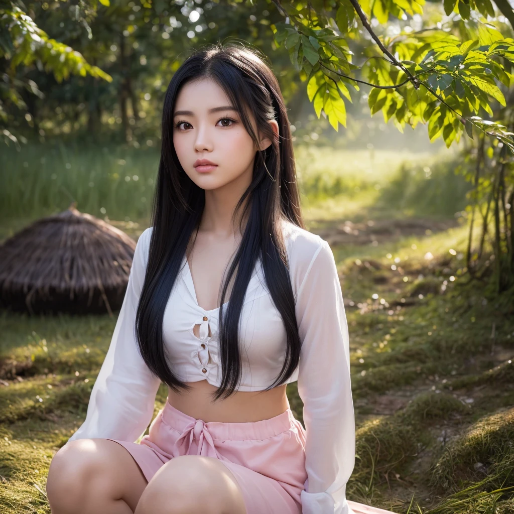 ภาพถ่ายหน้าตรงThai anime, Female anime Araffe 25 30 years old, realistic: Open the aperture wide., professional lighting, Sony A7R4, 50 mm sitting lens. 2 ; Warm light, (digital painting, HDR, high contrast (digital painting, HDR, high contrast), (Highest quality),(Masterpiece:1.3),(sharp focus:1.2:),Jeans, Looking straight at you intently, Long-haired woman with a round face, Red cheeks, Pink cheeks, black eyes ตาสองชั้น, black eyes, Thai anime, Has a large chest size of 38 inches.,  ponytail woman, flowing black hair, long flowing black hair, she has black hair, Her black hair was long and wavy., beautiful black hair, Extra dark natural black hair, The shirt is tight., Looks hot., ,black eyes,abdominal muscles, rounded chest, outdoor, The background is a rice field., There is an old thatched Thai-style hut in the background., The evening sun shines, beautiful female model, jaw-dropping beauty, realistically, 