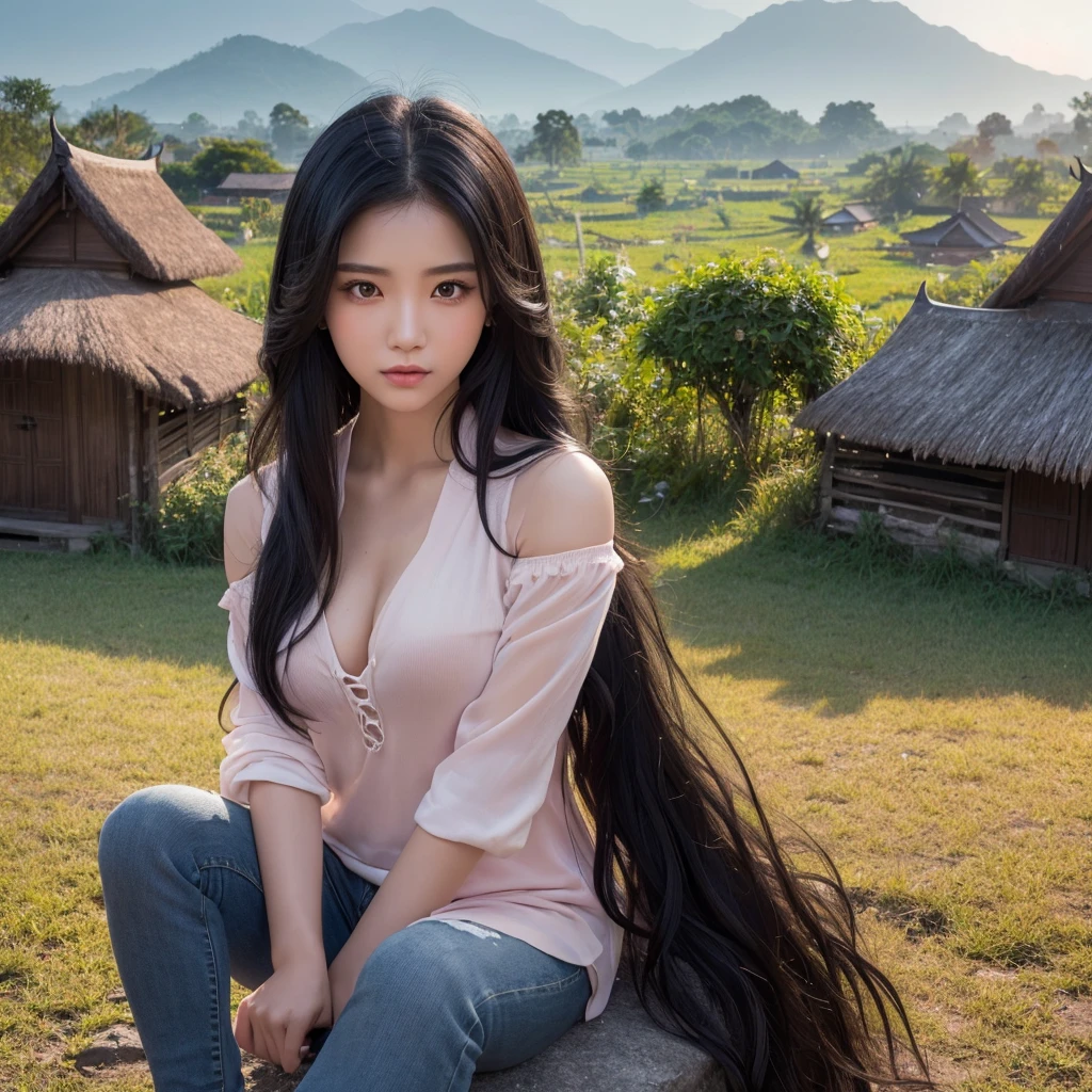 ภาพถ่ายหน้าตรงThai anime, Female anime Araffe 25 30 years old, realistic: Open the aperture wide., professional lighting, Sony A7R4, 50 mm sitting lens. 2 ; Warm light, (digital painting, HDR, high contrast (digital painting, HDR, high contrast), (Highest quality),(Masterpiece:1.3),(sharp focus:1.2:),Jeans, Looking straight at you intently, Long-haired woman with a round face, Red cheeks, Pink cheeks, black eyes ตาสองชั้น, black eyes, Thai anime, Has a large chest size of 38 inches., ponytail woman, flowing black hair, long flowing black hair, she has black hair, Her black hair was long and wavy., beautiful black hair, Extra dark natural black hair, The shirt is tight., Looks hot., ,black eyes,abdominal muscles, rounded chest, outdoor, The background is a rice field., There is an old thatched Thai-style hut in the background., The evening sun shines, beautiful female model, jaw-dropping beauty, realistically,