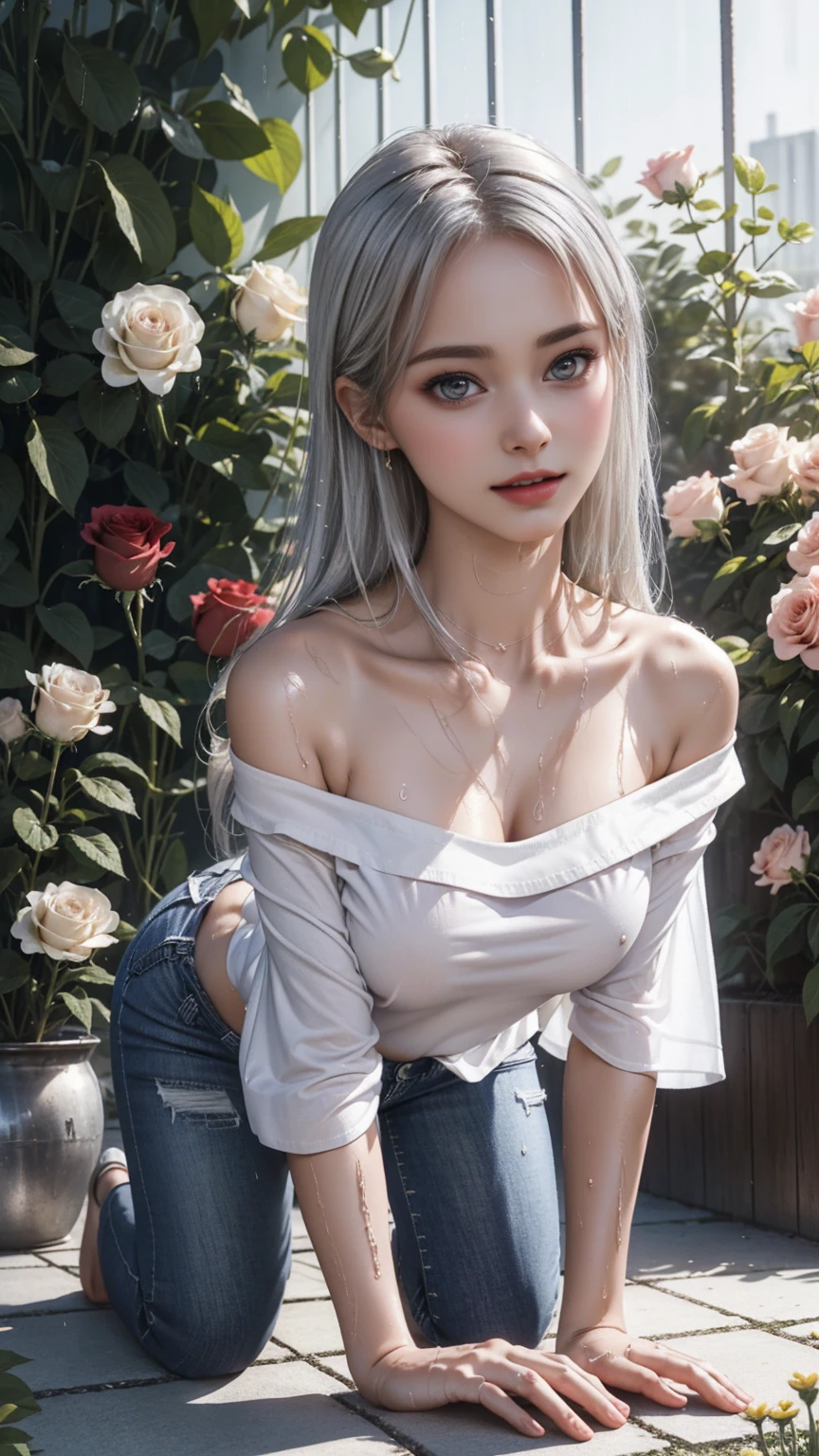 ((A girl on all fours taking care of flowers in the garden)),(Crouching posture),Top quality work,Actual work,Ultra Premium Graphics,8K HD CG Works,High quality graphics,High-definition CG works,Extremely fine detail:1.1,Advanced Technical Details:1.1 Photorealistic,Natural light:1.5. Light effects(virtual Light effects:1.8),Ultra-high resolution,長いSilver Hair,Silver Hair,Transparent Hair,Hair with attention to detail(Premium Hair Detail:1.1)Clear Eyes,Beautiful double eyelids,Sharp eye makeup, Delicate eyelash makeup, Thin eyebrows, Highly detailed eyes,High nose, Nice red lips, Rose Cheeks, A face with subtle makeup , Cute face, Perfectly balanced face,(Advanced Face Detail:1.1),Shiny,summer sexy,((Off-the-shoulder semi-transparent wet white T-shirt))、((Jeans Mini Skirt)),photo shoot,woman'Artwork by,Full body portrait,realism,wonderful,My eyes are shining today、((She's wet))、(Nipples),((ピンクNipplesが透けて見えている)),