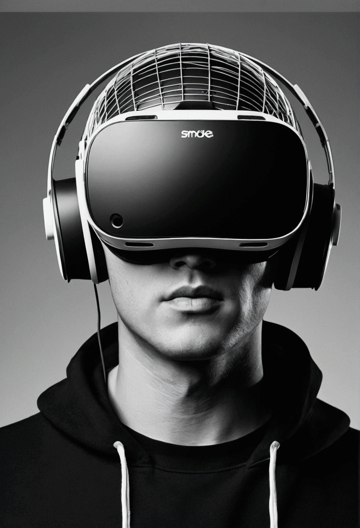 A person wearing a high-tech virtual reality helmet,Black and white photo album cover,Extremely complex wire guide and screen style,Smoke filled screen