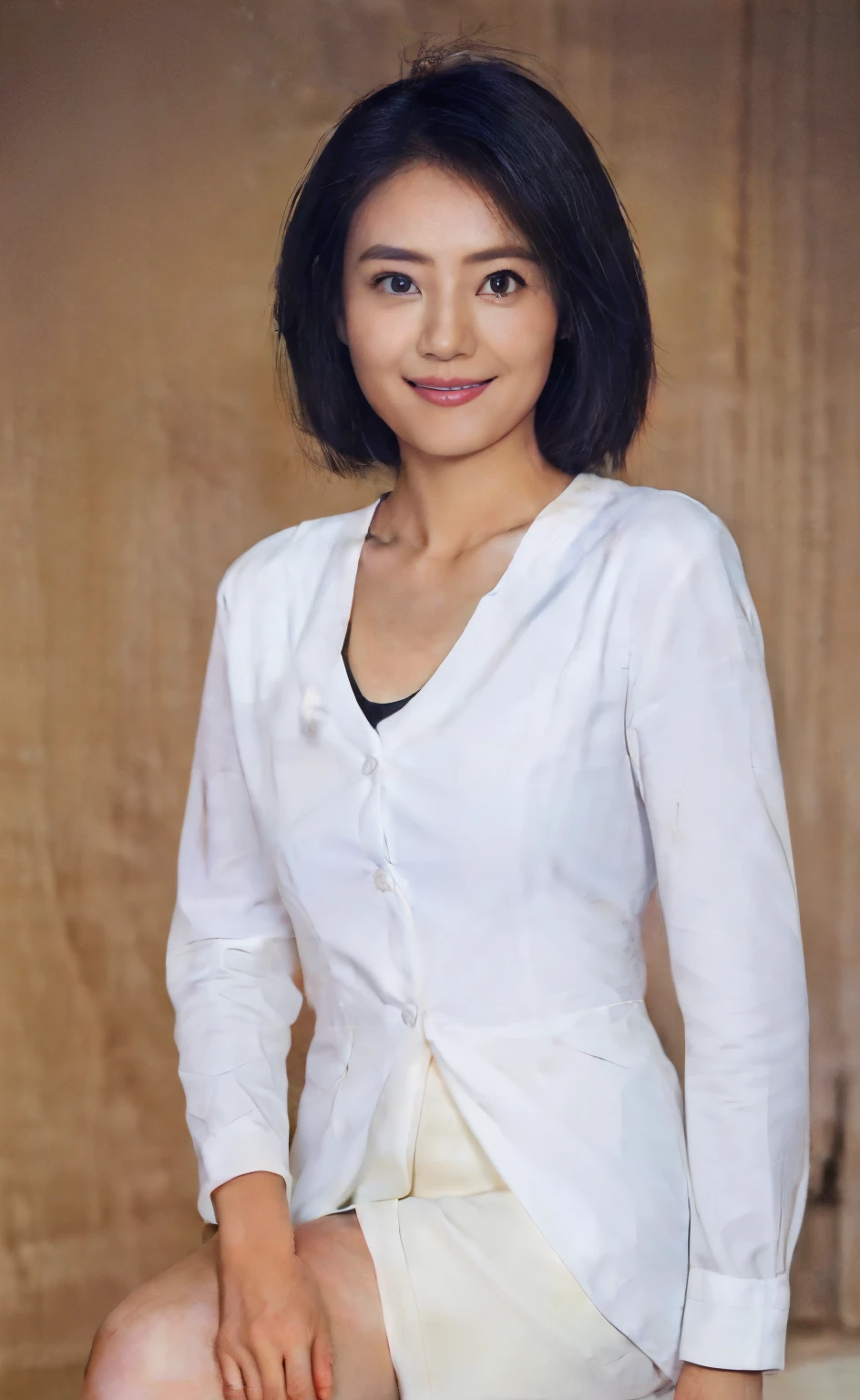 Portraiture、、high quality、Realistic Photographic Images、 36years old、Japanese women、A decent wife、、housewife、Natural and realistic eyes、Japanese Stand、Beautiful black hair、short hair、light makeup、Octane Rendering、Beautiful lighting、Golden ratio composition、Laughter、Casual wear、Casual clothing、Natural background、Blurred Background、high resolution、Pure Japanese humanity、Beautiful wife、whole body、light makeup、 makeup、Pure beauty、Private Server、gray、beige、green、Plain、Casual clothing、smile、Small black eyeini skirt、Background blur