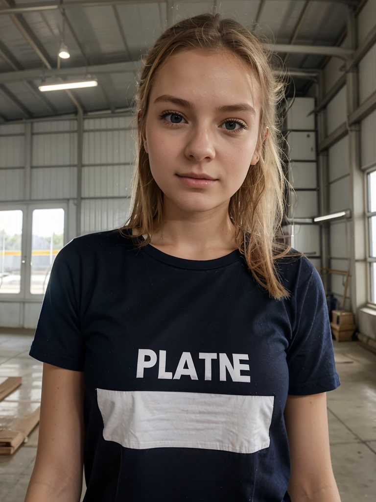 Selfie ,fille blonde, travail dans une usine, 21 ans , arriere plan tres realiste, tete tres realiste , photo prise de près tenue de chantier , t shirt, 