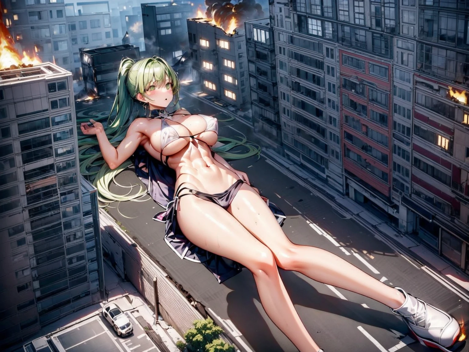 Giantess, long sexy legs, yellow hair, bikini, lying on the ground, city at her feet burns in flames for the destruction she has caused, tiny people climb on her body to try to defeat her uselessly. Giantess, goddess, macrophilia, curvaceous body, hentai, fetish, sexy legs, bikini, high heels, high quality, tiny people, people climbing body, giantess body, small people