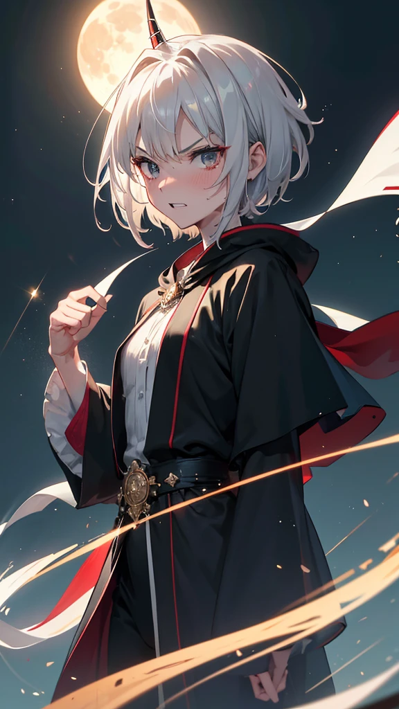 Best quality, Ultra detailed, best quality, insanely detailed, beautiful, masterpiece, 8k, 
break  
(full moon:1.2), night sky, refraction Glowing white lines ,Crossing Light,Shining Background, 
break 
1lady, silver hair, (short hair:1.2), forehead, horn on forehead, black eyes, ultra detailed eyes, wizard robe, white robe, long robe, green Doublet, tall stature, slender body, flat chest, red fire ball on left hand, white sparkle ball on right hand,
Break
Upper body, from front,low angle (evil smile;1.5), evil grin,(scowl:1.1), (stare at viewer:1.5),  (embarrassed,blush:1.3), (ecstasy:1.3) ,(slut:1.2),(vulgarity:1.3),(wet:0.8),(sweat:0.8), condescending snigger ,open mouth, 