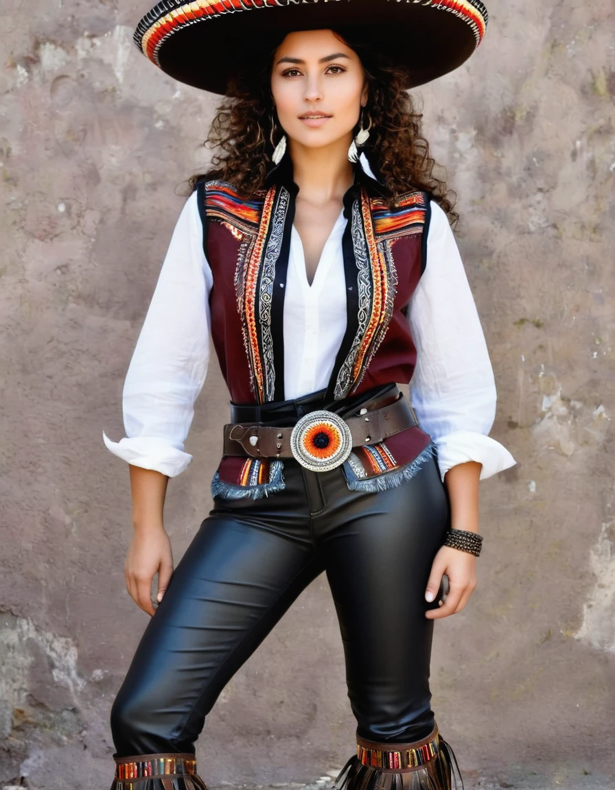 Main Clothing: man long hair curly updo Shirt: Black long sleeve, with embroidered details of indigenous Muisca motifs on the cuffs and collar. It can be made of linen or cotton for greater comfort.
vest: Dark brown or black leather, with indigenous embroidery on the front and edges. Decorative metal buckles.
pants: Denim or black leather, tight, with indigenous embroidery details on the sides and metal patches.
belt: Leather with large buckle decorated with indigenous motifs. May have feather and bead details.
accessories: Leather bracelets with metallic details and indigenous embroidery. Bead and feather necklace, with a small pendant representative of the Muisca culture.
shoes: Black leather boots with metallic details and thick laces. Comfortable and resistant for long standing sessions.
sombrero: sombrero guavateño tradicional, decorated with a leather ribbon with embroidered details and small feathers.


