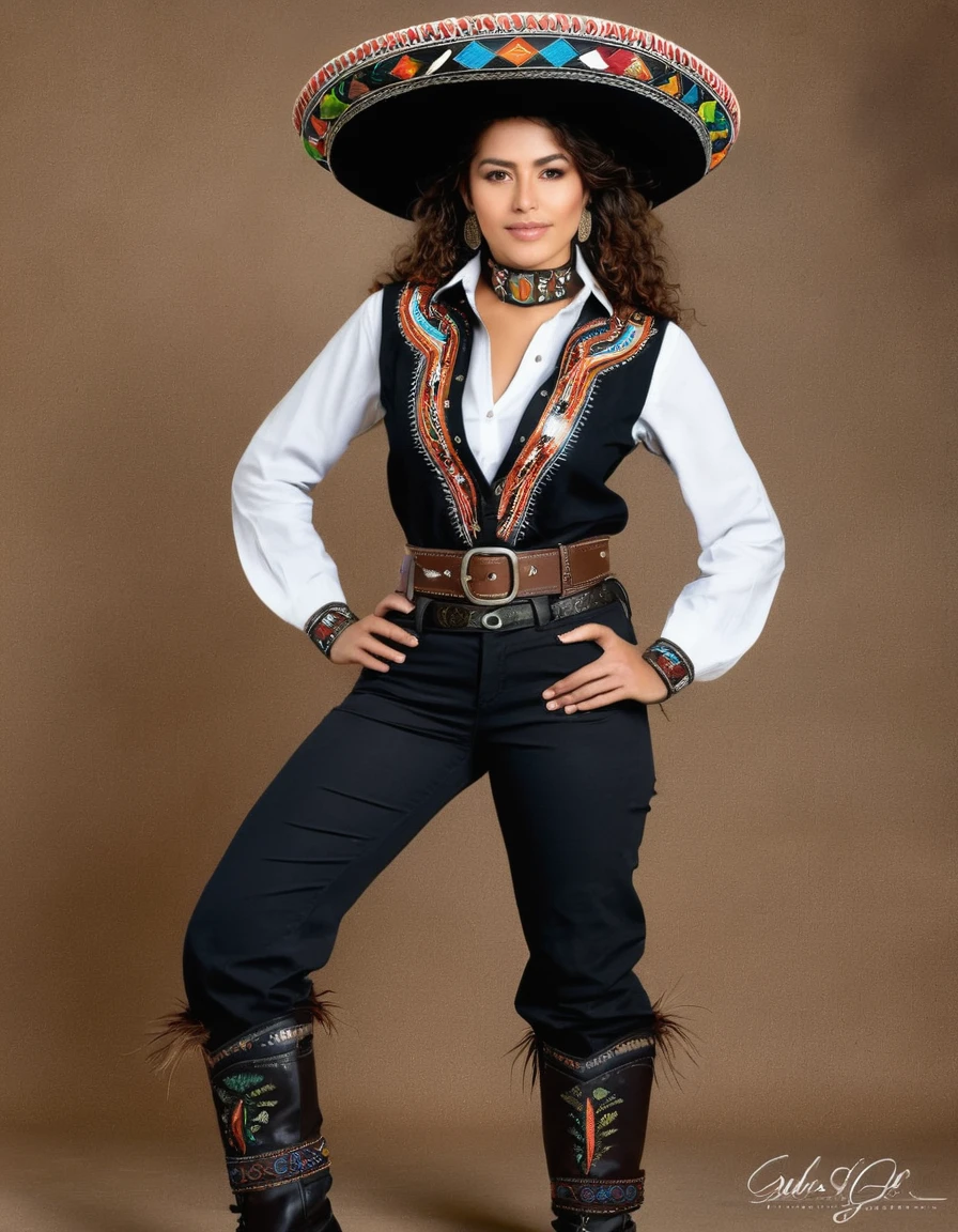 Main Clothing: man long hair curly updo Shirt: Black long sleeve, with embroidered details of indigenous Muisca motifs on the cuffs and collar. It can be made of linen or cotton for greater comfort.
vest: Dark brown or black leather, with indigenous embroidery on the front and edges. Decorative metal buckles.
pants: Denim or black leather, tight, with indigenous embroidery details on the sides and metal patches.
belt: Leather with large buckle decorated with indigenous motifs. May have feather and bead details.
accessories: Leather bracelets with metallic details and indigenous embroidery. Bead and feather necklace, with a small pendant representative of the Muisca culture.
shoes: Black leather boots with metallic details and thick laces. Comfortable and resistant for long standing sessions.
sombrero: sombrero guavateño tradicional, decorated with a leather ribbon with embroidered details and small feathers.


