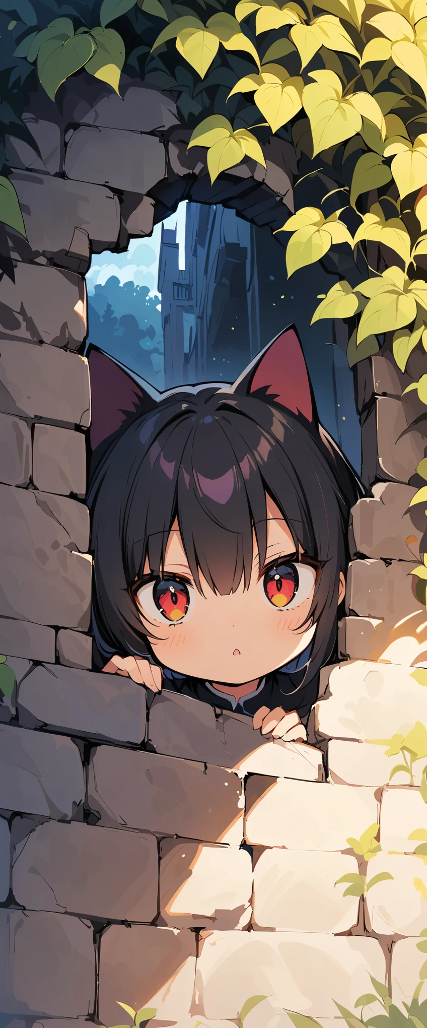 (Highest quality、Very detailed)、街角のkitten:1.4、morning、Foggy、Bright colors、Hauntingly beautiful、Mysterious Light、Hole in the wall by the road、delicate leaves、Quiet atmosphere、elegant、elegant生き物、black cat、Sharp eyes、Intellectual gaze、Curious personality, (kitten) Peeking out from a hole in the wall、(morning日)、(morning靄)