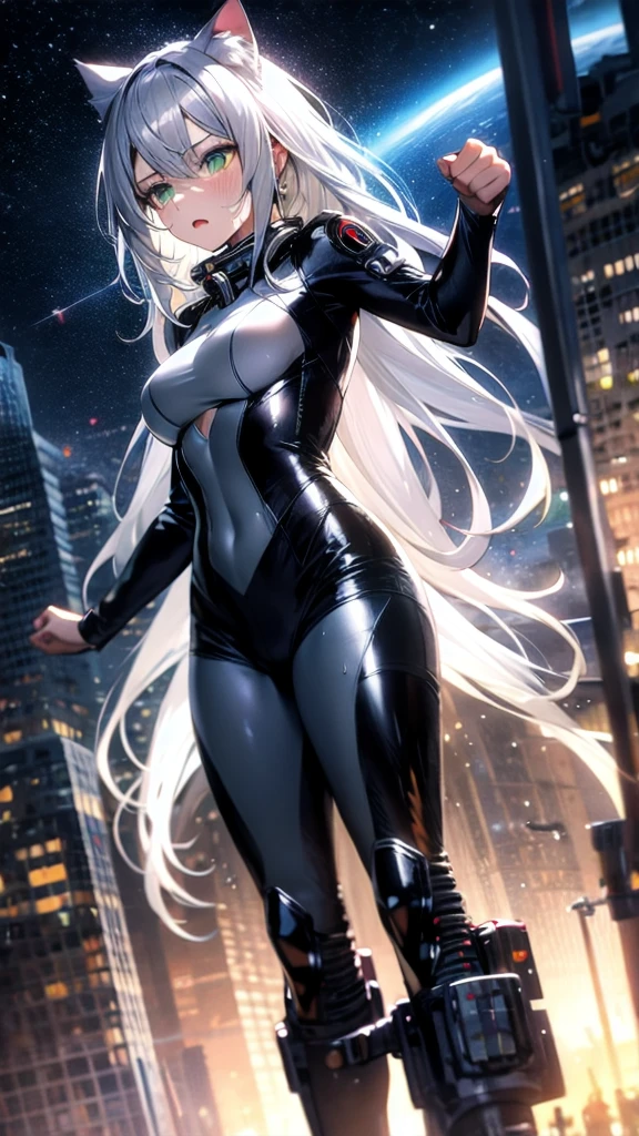 prompts A silver-haired beautiful girl with cat ears eyes are green hair is silver and long clothes: a form-fitting black combat suit The fist is an afterimage The background is a city at night her is in a cat-like fighting pose The year is  monitor, Dark Night, Sweat, Steam of Exhalation, Space, Battle, Dynamic Angle,