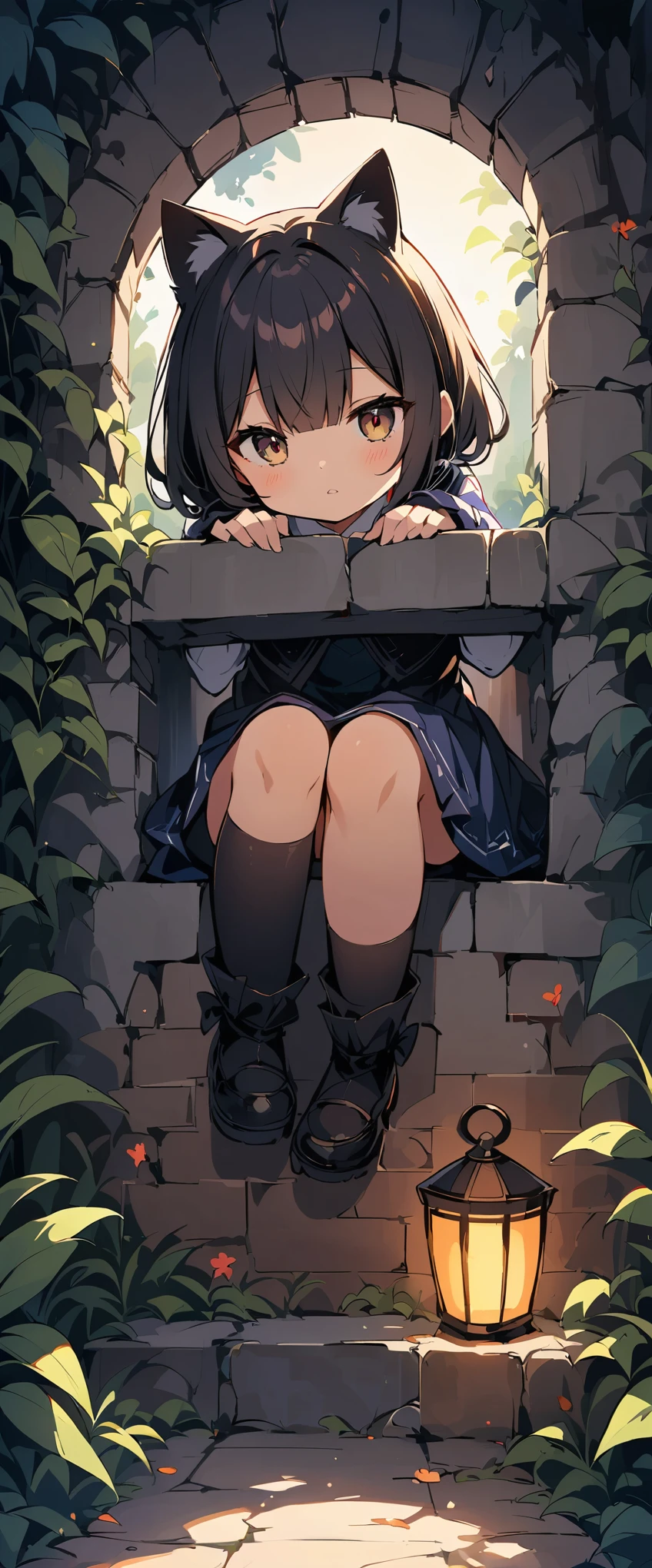(Highest quality、Very detailed)、街角のkitten:1.4、morning、Foggy、Bright colors、Hauntingly beautiful、Mysterious Light、Hole in the wall by the road、delicate leaves、Quiet atmosphere、elegant、elegant生き物、black cat、Sharp eyes、Intellectual gaze、Curious personality, (kitten) Peeking out from a hole in the wall、(morning日)、(morning靄)
