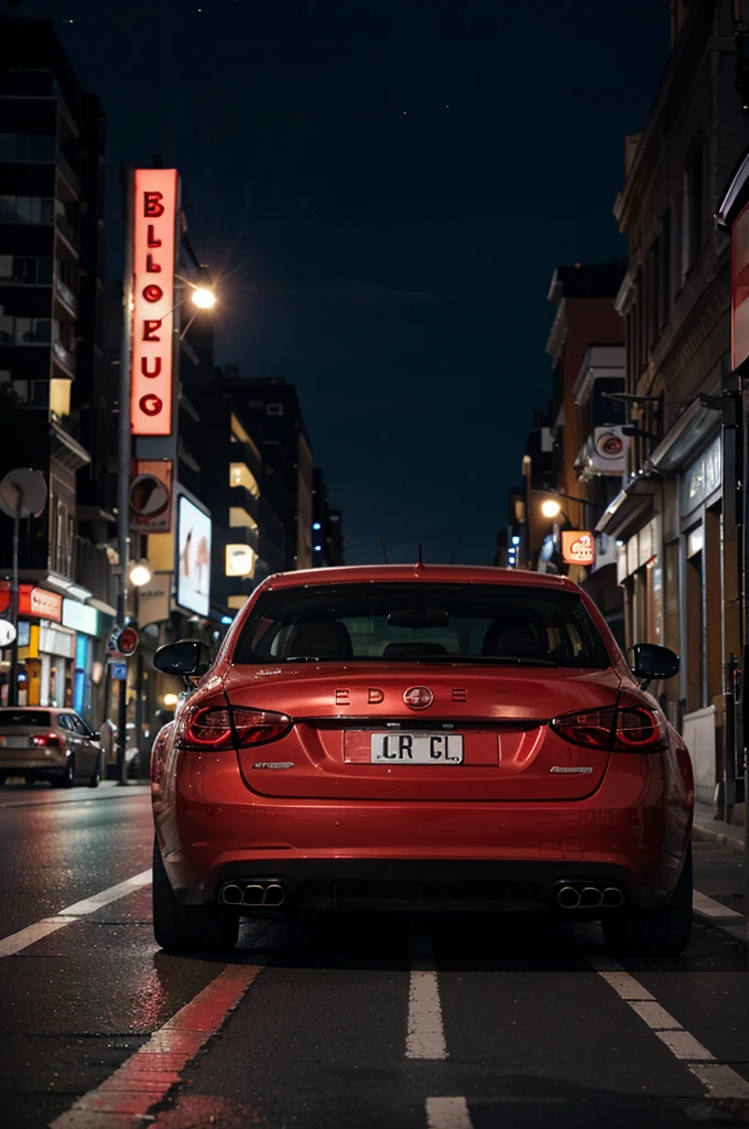 red car driving through the city at night