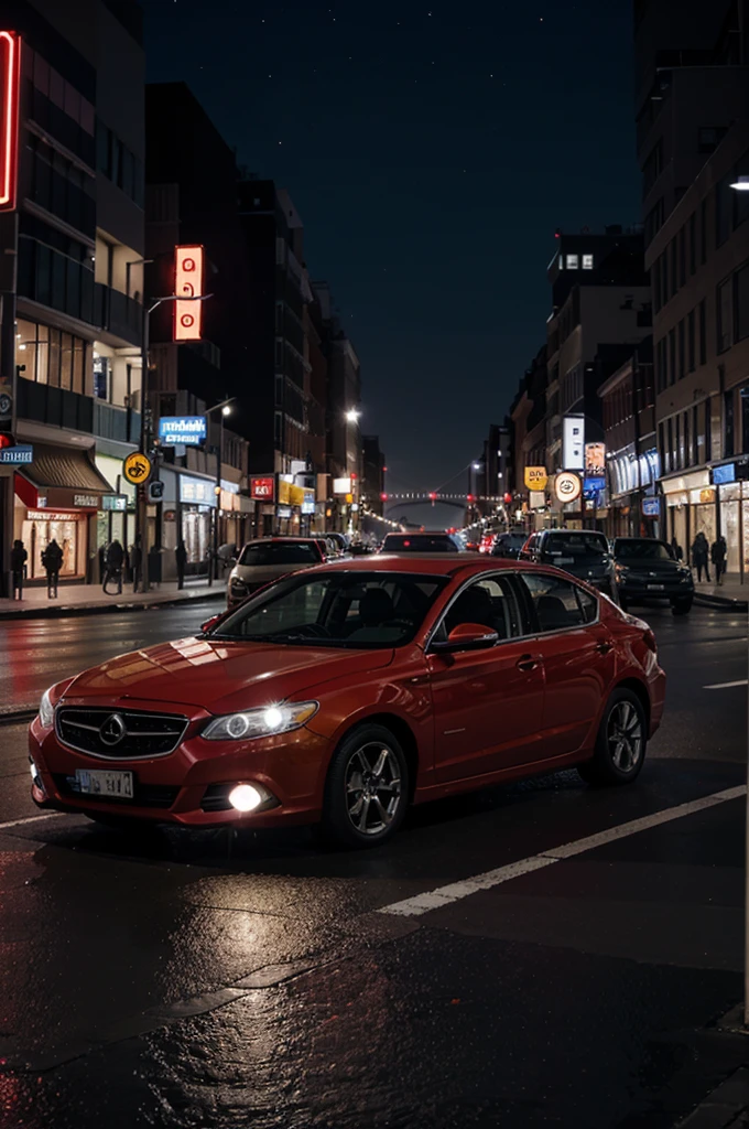 red car driving through the city at night