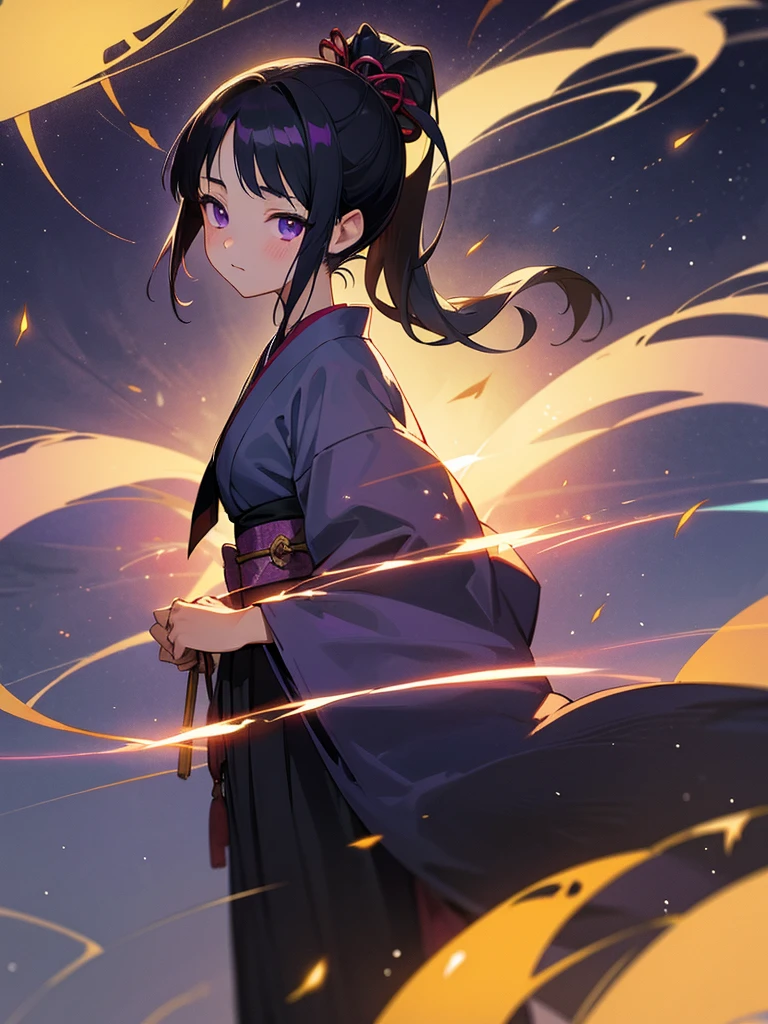 Anime illustration、masterpiece、high quality、 girl、Long straight black hair、Tie with a ponytail ribbon、Purple eyes、Japanese style kimono yukata、Morning glory pattern background is dusk、Fireflies shine like stars、Fantastic!、It&#39;s summer、Five fingers on one hand do not collapse、Don&#39;t put in flowers that are out of season、