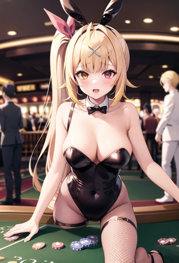 girl having sex with boy,masterpiece, Highest quality, High resolution, HS1, Red eyes, Yellow Eyes, Side Ponytail, x Hair accessories,Pink is good,Hair Ribbon,Black Playboy Bunny, hair band, Bunny ears,Fishnet tights,casino,