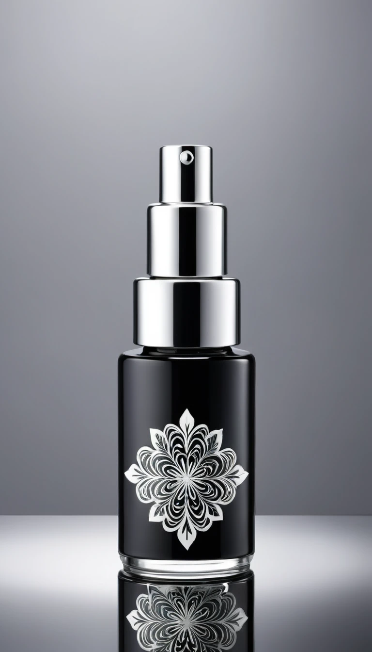 a beautiful detailed glass serum bottle with a black body, silver color cap, intricate white natural patterns on the bottle, high quality cosmetic product, minimalist luxury design, studio lighting, 8k, realistic, masterpiece