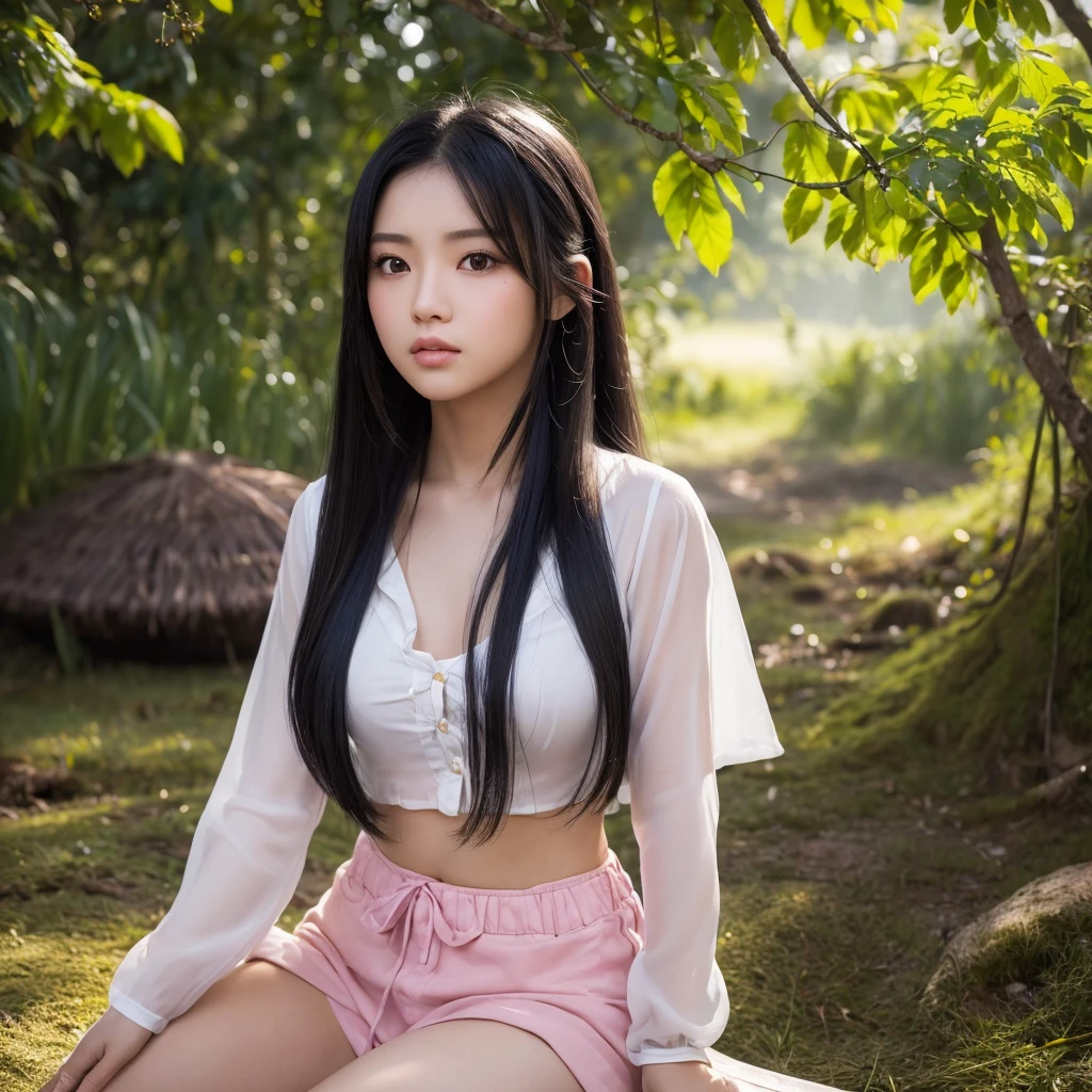 ภาพถ่ายหน้าตรงThai anime, Female anime Araffe 25 30 years old, realistic: Open the aperture wide., professional lighting, Sony A7R4, 50 mm sitting lens. 2 ; Warm light, (digital painting, HDR, high contrast (digital painting, HDR, high contrast), (Highest quality),(Masterpiece:1.3),(sharp focus:1.2:),Jeans, Looking straight at you intently, Long-haired woman with a round face, Red cheeks, Pink cheeks, black eyes ตาสองชั้น, black eyes, Thai anime, Has a large chest size of 38 inches.,  ponytail woman, flowing black hair, long flowing black hair, she has black hair, Her black hair was long and wavy., beautiful black hair, Extra dark natural black hair, The shirt is tight., Looks hot., ,black eyes,abdominal muscles, rounded chest, outdoor, The background is a rice field., There is an old thatched Thai-style hut in the background., The evening sun shines, beautiful female model, jaw-dropping beauty, realistically, 