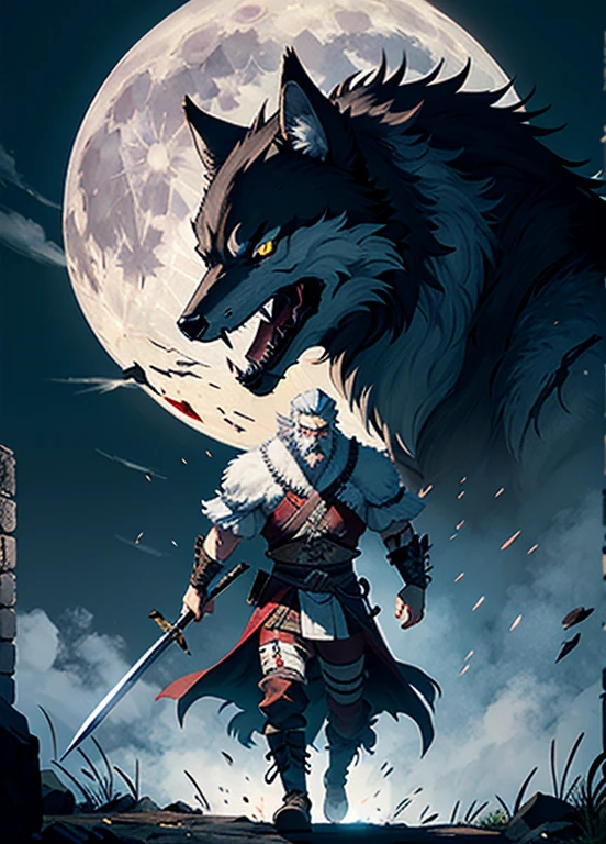 RageALot, the Fallen Beast is a legendary wolf warrior and the founder of the Wolf Clan. He is an old man with white hair and beard, big white sharp fangs and his left eye scared from battles, wearing a white torn leather with blood spots and a white dark cloak. He carries a katana and a spear. He has a big angry smile. He has a neck Tattoo.

The field is covered with blood and corpses of soldiers who died in the battle. The sky is dark with full moon, and lightning flashes occasionally. Isshin emerges from Genichiro’s body after he sacrifices himself to revive him using the Black Mortal Blade. He respects Sekiro as a worthy opponent and challenges him to a final duel for the fate of Ashina.
moon, dark theme, light, fantasy,