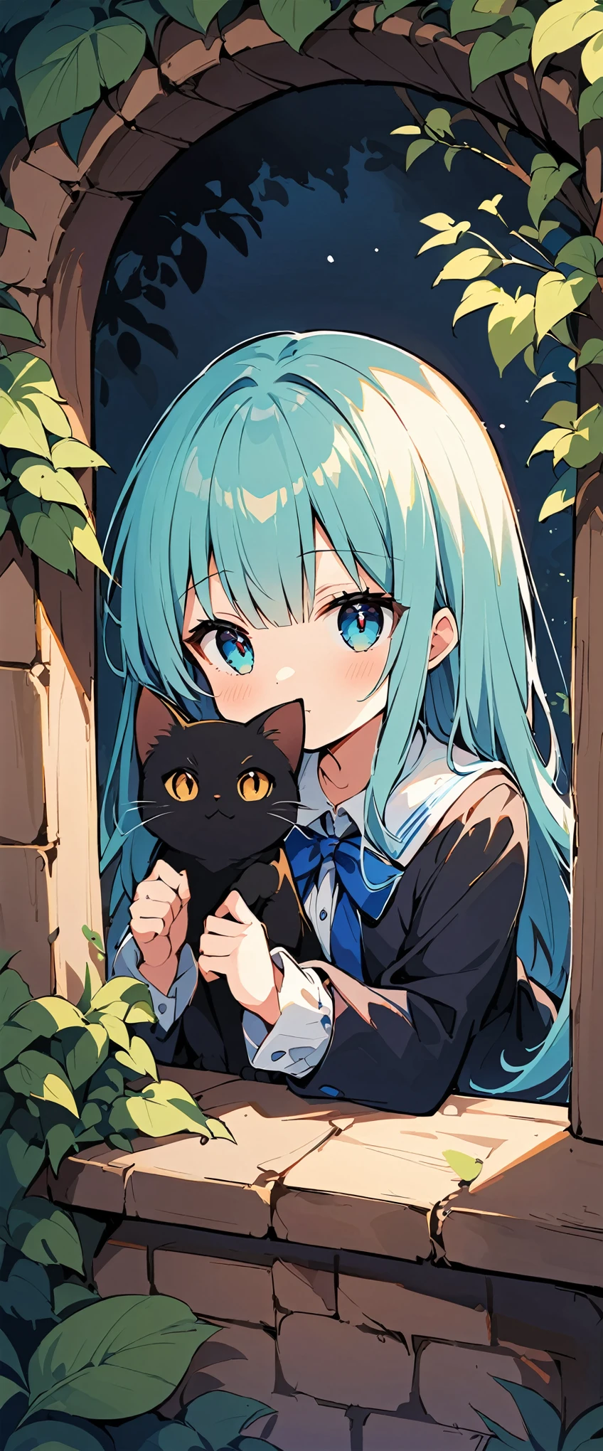 (Highest quality、Very detailed)、街角のkitten:1.4、morning、Foggy、Bright colors、Hauntingly beautiful、Mysterious Light、Hole in the wall by the road、delicate leaves、Quiet atmosphere、elegant、elegant生き物、black cat、Sharp eyes、Intellectual gaze、Curious personality, (kitten) Peeking out from a hole in the wall、(morning日)、(morning靄)