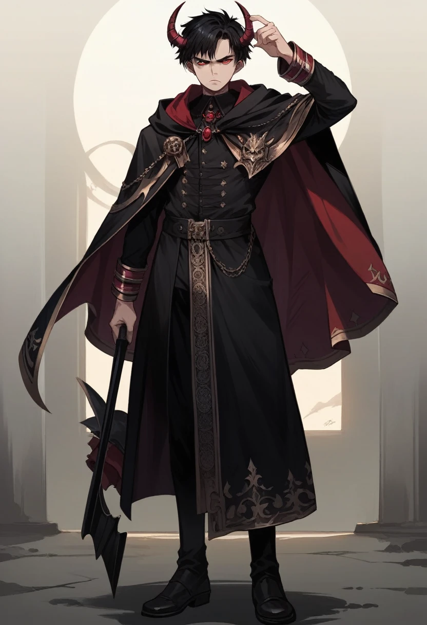 anime character, short black hair, red crimson eyes, black adventurer outfit, cloak, closed mouth, serious, full body shot, demon horns, anime, Gothic art, high details, high quality, 4K, HD, masterpiece, anatomically correct
