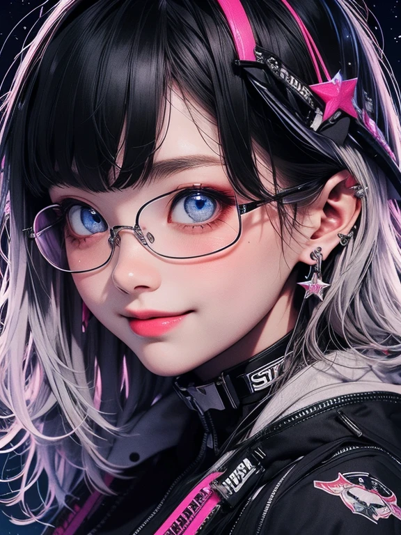 quality,Highest Resolution,sexy,Looking up at the starry sky,Glasses,Vibrant colors,Very beautiful eyes,Big Breasts,Black Hair,Silver Hair,universe,no gravity,Smile