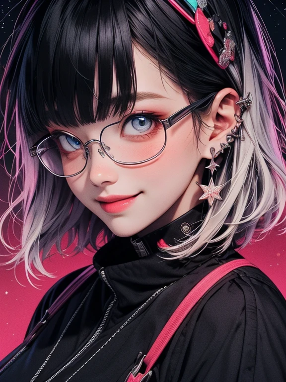 quality,Highest Resolution,sexy,Looking up at the starry sky,Glasses,Vibrant colors,Very beautiful eyes,Big Breasts,Black Hair,Silver Hair,universe,no gravity,Smile