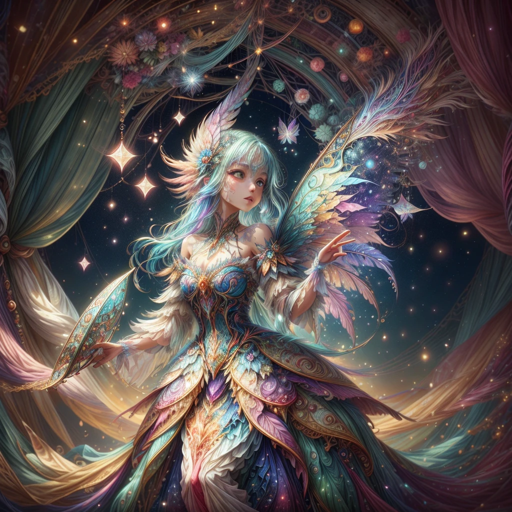 A captivating anime girl gracefully emerges from the pages of a watercolor painting, her vibrant and intricate colors breathing life into the artwork. She wears extraordinary fantasy costumes，Decorated with exquisite details, reflecting the enchanting world she inhabits. Luminescent elements, like glowing crystals and ethereal wisps, surround her, casting a soft, otherworldly glow. The watercolor style imbues the image with a sense of fluidity and delicacy, as if the colors are effortlessly blending and bleeding into one another. Camera shot: Medium Shot, Camera lens: softfocus, Lighting: luminescent glow, watercolor brushstrokes,