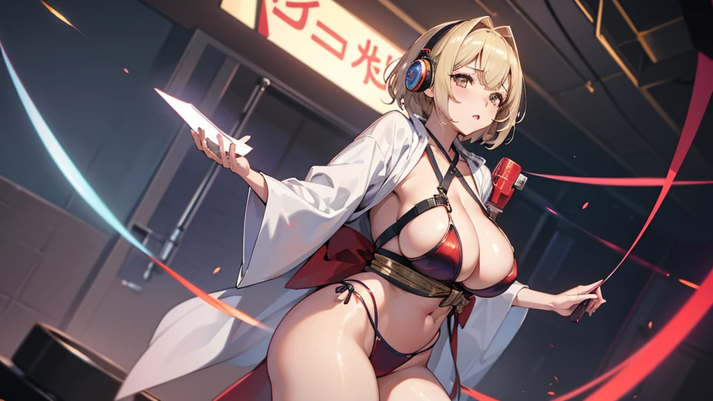 headphoneをつけて笑顔、Red cheeks、Official Art, masterpiece, Highest quality,１Portrait photo of a girl、, JK , Rainbow bikini with yukata、(silver, metallic, ) 8K, Blonde,short hair, High resolution, ( Butt:1.2)(headphone:1.2),(Excellent rendering, Stand out in the same class), (Amazing details, Excellent lighting, Wide-angle), Big Breasts(0.6), Plump thighs、Absolute area, Detailed Background、