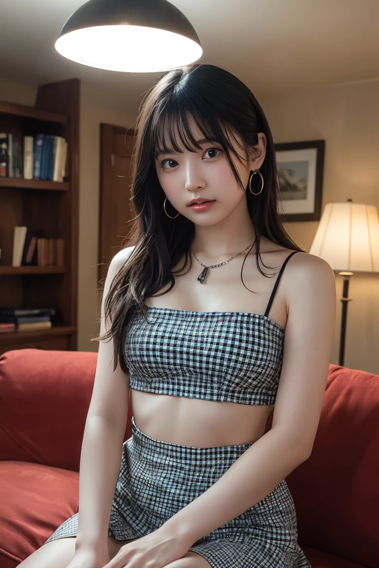 (Highest quality:1.4),(masterpiece:1.4),(Realistic:1.4),(Realistic:1.2),(超High resolution, RAW Photos:1.4),(High resolution, Super detailed:1.2),(8K:1.2),View your audience,Cinematography,One Girl,skeletally correct,Black-haired woman,(Small earrings,necklace,Checkered tube top dress,Beautiful body lines,View from the front),(Inside the Western-style building,Dimly lit room,The lamplight shines on my cheeks,Sit on the sofa)