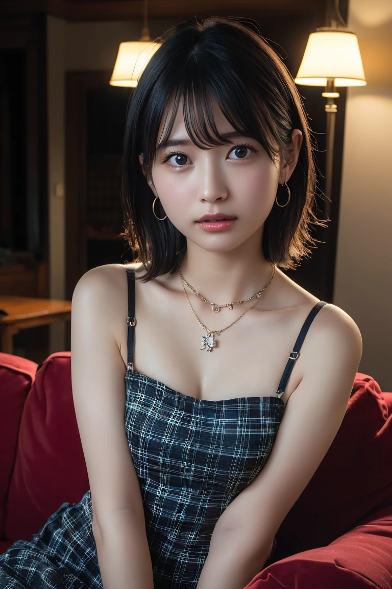(Highest quality:1.4),(masterpiece:1.4),(Realistic:1.4),(Realistic:1.2),(超High resolution, RAW Photos:1.4),(High resolution, Super detailed:1.2),(8K:1.2),View your audience,Cinematography,One Girl,skeletally correct,Black-haired woman,(Small earrings,necklace,Checkered tube top dress,Beautiful body lines,View from the front),(Inside the Western-style building,Dimly lit room,The lamplight shines on my cheeks,Sit on the sofa)