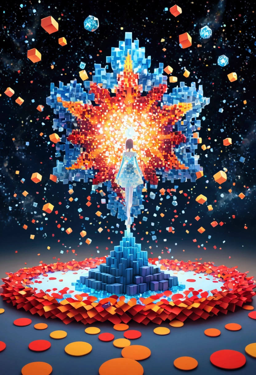 night，Beautiful girl with blue gradient dissolving pixels, 3D Voxel Blocks, A structure that was initially intact but gradually disintegrated in the air, Thousand Flower Glass, Starry Sky，fantasy，magic，mystery，illusory，Dreamy，Inverted, red symmetry, high quality，Octane Rendering，Concept map of the scene,