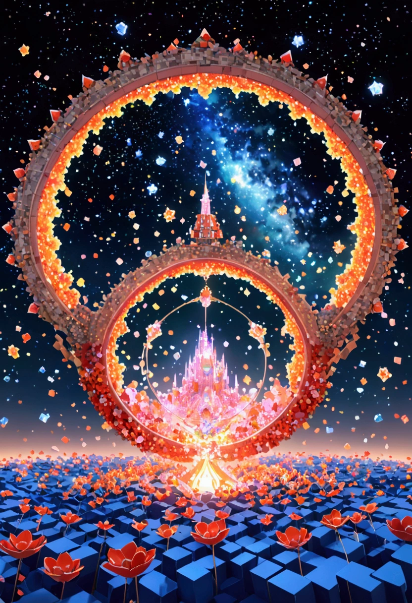 night,Beautiful girl with blue gradient dissolving pixels, 3D Voxel Blocks, A structure that was initially intact but gradually disintegrated in the air, Thousand Flower Glass, Starry Sky,fantasy,magic,mystery,illusory,Dreamy,Inverted, red symmetry, high quality,Octane Rendering,Concept map of the scene,