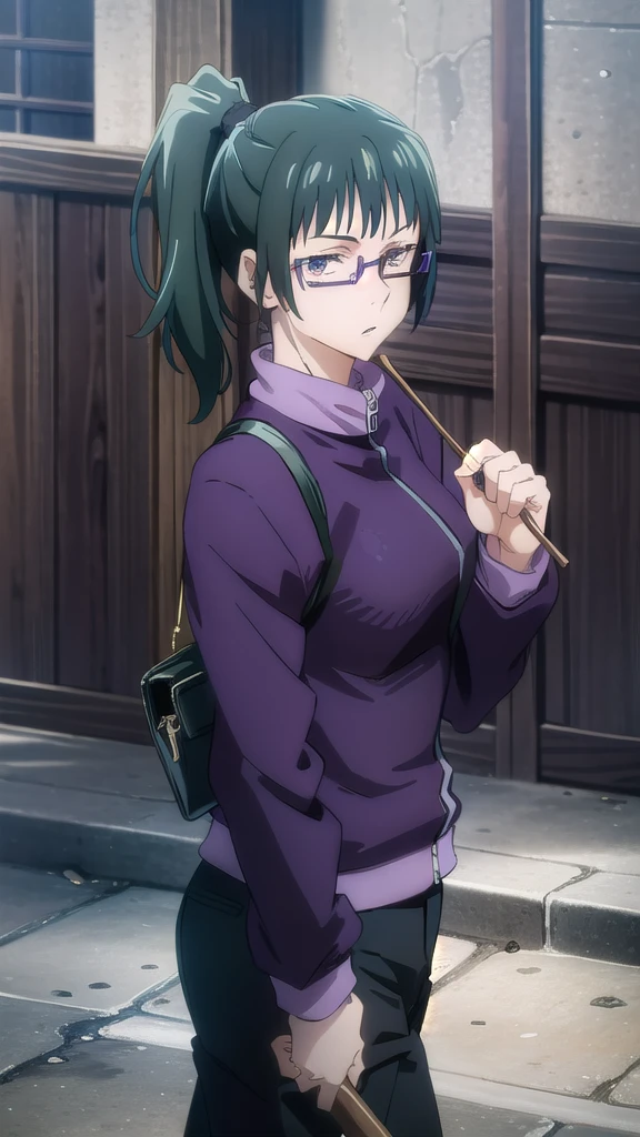 zenin_maki,ponytail,glasses,bangs,green hair,brown eyes,jujutsu_uniform,purple jacket BREAK looking at viewer,BREAK (masterpiece:1.2), best quality, high resolution, unity 8k wallpaper, (illustration:0.8), (beautiful detailed eyes:1.6), extremely detailed face, perfect lighting, extremely detailed CG, (perfect hands, perfect ???????),city,street,night,lights,wet road,long legs,