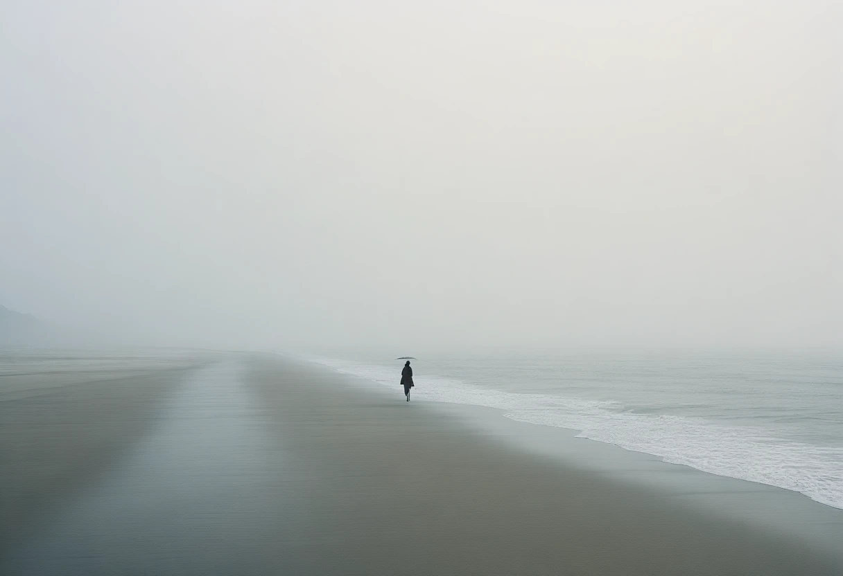 Good Long Beach, Short haired woman walking from afar, alone, A horizon without any mountains, Fog가 낀, afternoon, depressed, tide가 밀려온다, Fog, ocean, tide, umbrella , wind, short korean woman, 잔잔한 tide