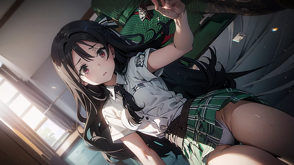 Underwear for two girls, Realistic panties made from patterned cotton fabric、Translucent slip、Skirt lining、Skirt flip、In the shadow of a dark tree、Put your hands on your crotch、tights、Peeking from below