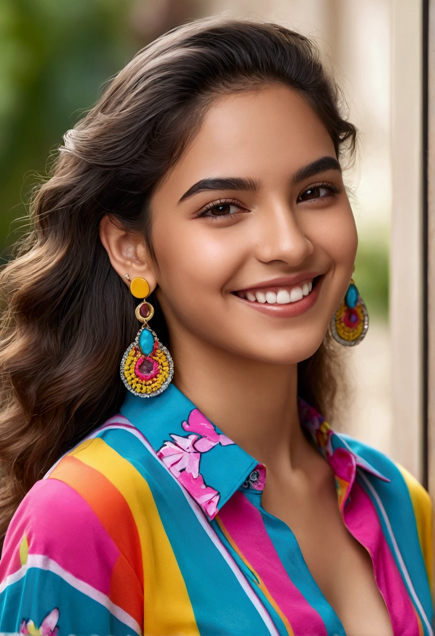 latina woman, young person between 18 and 21 years of age, smiling, wearing colorful clothing, Discreet earrings,full - length photo, PICTURE REALISTIC, 4K resolution, striking and defined features, very sensual and a mysterious look, intriguing look, emphasis on the look,