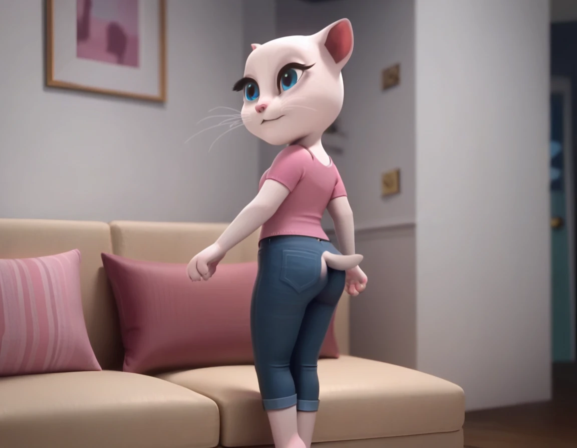 1 girl, cat, white fur, long whiskers on both sides of her face, big bright blue eyes, big black eyelashes, small pink nose, triangular ears with pink channels, 1 female and 1 male human.   He wears tights and jeans,
 Woman lies on her back with a pillow under her head
 and pulls his feet towards himself and raises them in the air. The man kneels down and lifts the woman's hips.
 removes.  The man fucks the woman's ass.  side view of sex.anal ass.