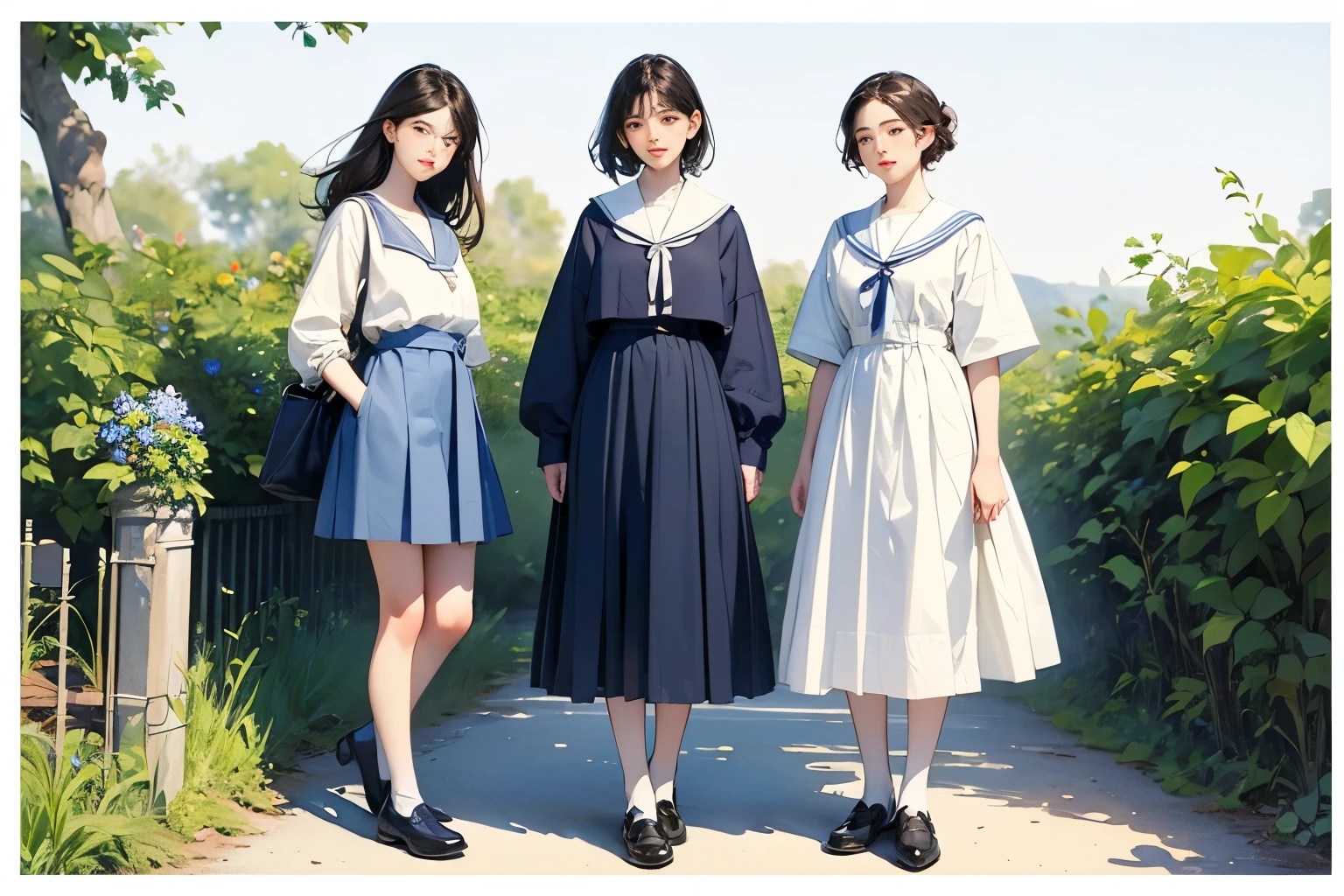 (Perfect Face,Illustration of three women in different clothes)、(3 Girls、With 3 people、whole body、natural standing posture)、(Girls standing in line)、(whole bodyを見せる)、((Character Concept Art))、(Detailed facial depiction、A kind smile)、Short dark brown hair、White Sailor Suit、Navy blue sailor collar、uniform、mini skirt、Pleated skirt、shoes、loafers、(Vintage、Classic)、((White back scene))、Blur the back scene、(No logo)、((Watercolor of singer Sargent))、Impressionist style painting、White Background、(Front view:1.4)、(masterpiece, Highest quality:1.2),