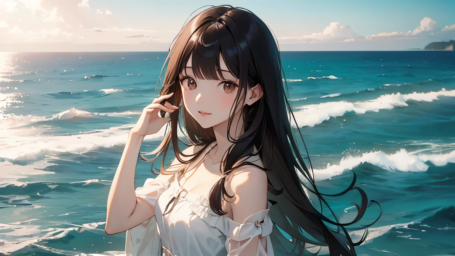 Highest quality, High resolution,thin、Brown eyes、expensive、Black Hair、(amount:1.3),Straight hair、(Ocean:1.6)