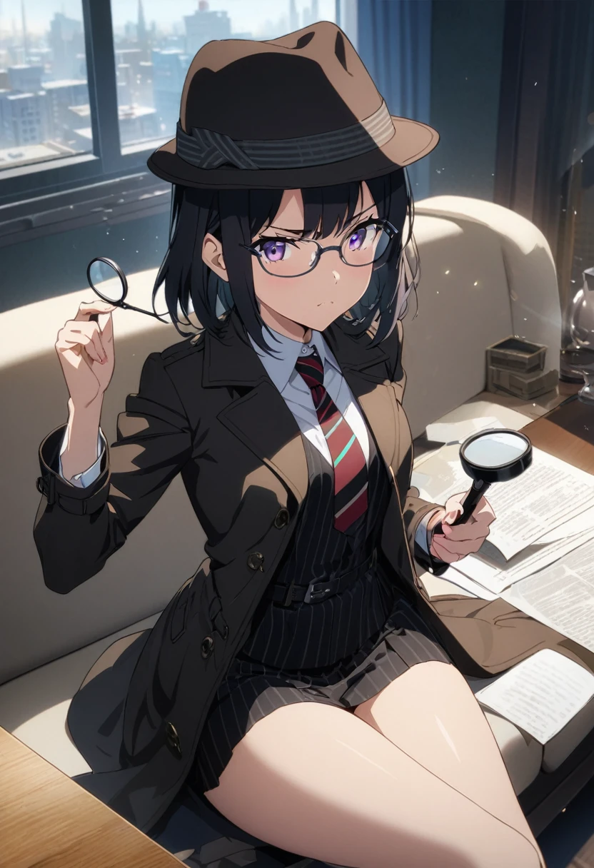 Detective girl, anime, masterpiece, best quality, 1 girl ( black trench coat, suit, skirt, fedora, glasses, cross-legged, sitting on sofa, necktie, right hand hold magnifier:1.2, left hand on sofa), ( table, papers on table ), window, ofice background, bokeh:1.1, serious, NEGATIVE_HAND,NEGATIVE_HAND-NEG