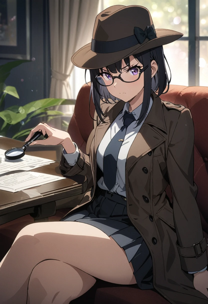 Detective girl, anime, masterpiece, best quality, 1 girl ( black trench coat, suit, skirt, fedora, glasses, cross-legged, sitting on sofa, necktie, right hand hold magnifier:1.2, left hand on sofa), ( table, papers on table ), window, ofice background, bokeh:1.1, serious, NEGATIVE_HAND,NEGATIVE_HAND-NEG