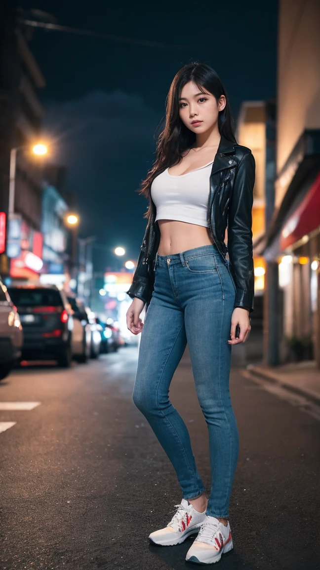 Ulzzang-6500-v1.1, (RAW Photos:1.2), (Photorealistic), (Genuine:1.4), 1 Japanese girl, Warframe, Complex patterns, , Energy Line, Faceless, Shining Eyes, elegant, intense, Tight skinny jeans, Ultra-realistic body, alone, Modern, city, street, Dark Clouds, thunderstorm, heavy rain,, Dramatic lighting,, (masterpiece:1.2), Highest quality, High resolution, beautiful, Very detailed, Perfect lighting, Full Body Shot、Low Angle、Shooting from below、Dynamic pose,There is a Harley Davidson,Plump