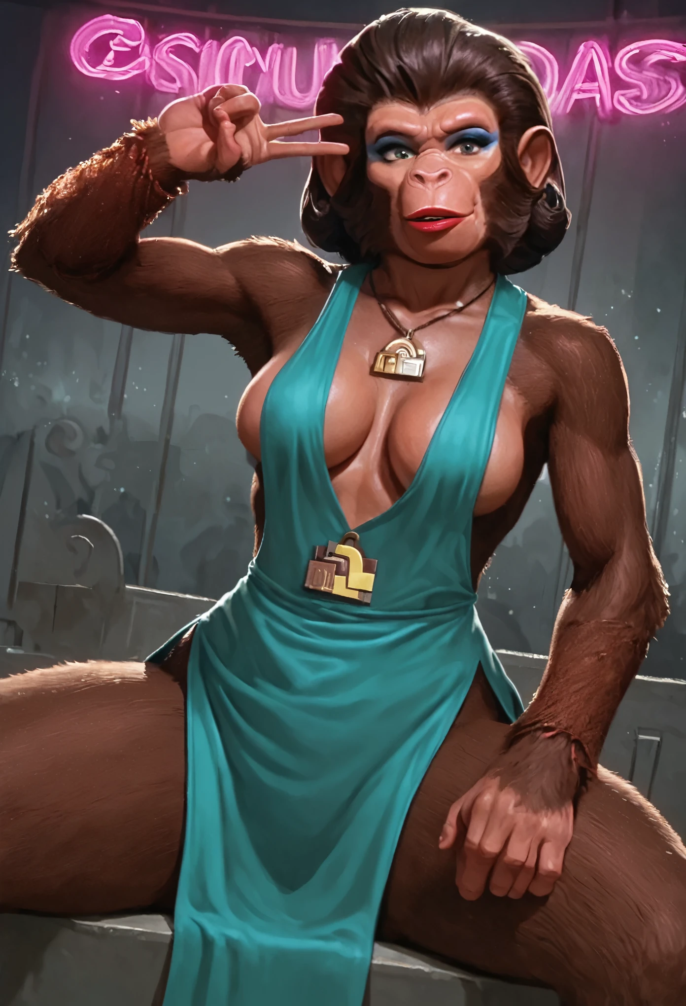 score_9, score_8_up, score_7_up, masterpiece, best quality, expressive eyes, perfect face, Dr_Zira, 1girl, solo, female, anthro, ape, chimp, anthro chimp, curvy, voluptuous, dress, side slit, absolute cleavage, v-cut, looking back at viewer, dynamic pose, cowboy shot, contrapposto, pin-up pose, sexy pose, seductive, red lipstick, eyeshadow, makeup, backlit, dynamic angle, provocative, dance club, neon lights, sitting, spread legs, pelvic curtain