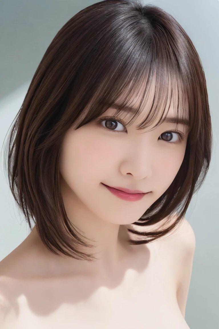 8K highest image quality)、(beautiful)、Yui Aragaki、Accurate Eyes、Fine skin、22-year-old female、Brown eyes、Brown Hair、looking at the camera、naked、Semi-short hair、Smile、bangs、Full view of 、Shoot from above、Nipples