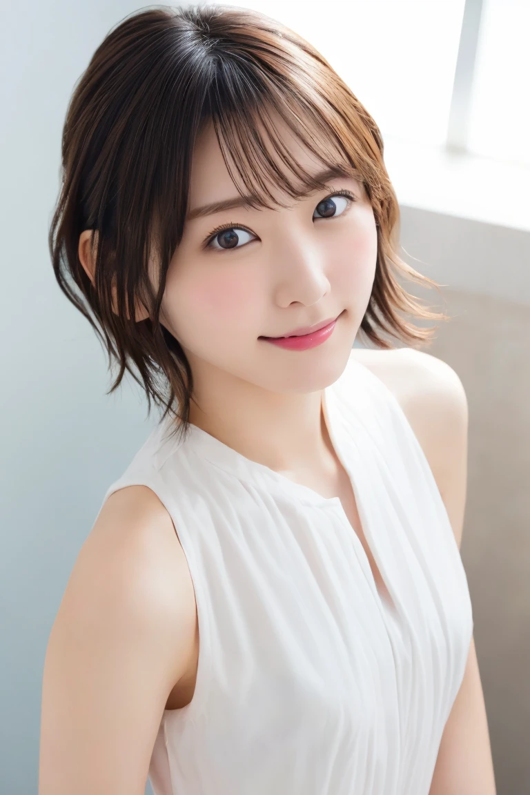 8K highest image quality)、（beautiful）、Yui Aragaki、Accurate Eyes、Fine skin、22-year-old female、Brown eyes、Brown Hair、looking at the camera、naked、Semi-short hair、Smile、bangs、Full view of 、Shoot from above、Nipples