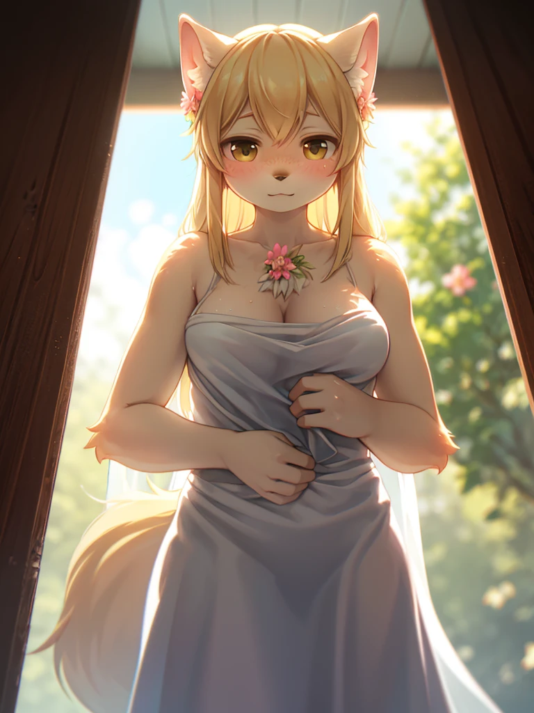 (((nude Complet )))Cat-eared girl in white dress standing in garden, BREAK，Blonde long hair，blue eyes，((())), smiling mischievously, cleavage of the breast，((Pull up your skirt to show your vagina))，loli in dress, small curvy loli, (Chibi:1.3), artwork in the style of guweiz, guweiz on pixiv artstation, guweiz on artstation pixiv, guweiz, small loli girl, soft anime illustration, Anime visuals of cute girls, Detailed Digital Anime Art