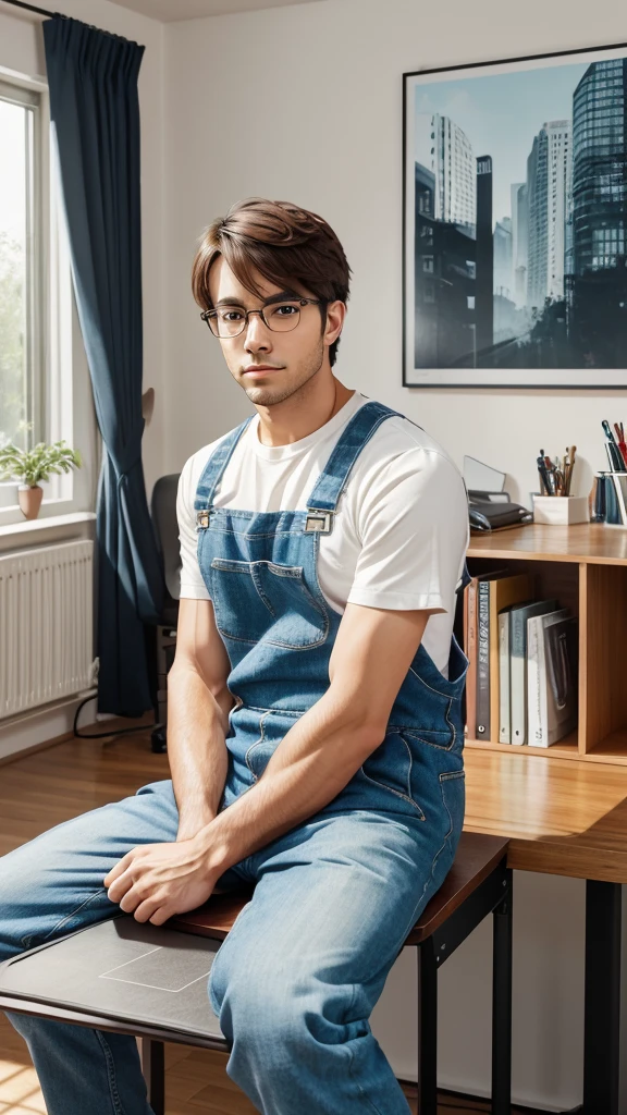 Anime Style of the image friendly and beautiful-looking male character is wearing a casual with specs.Sitting behind his laptop in his studio, arms on his desk. It is Day . The room is minimalistic. Front facing to the camera, looking straight and centered, central portrait, sitting straight, front view, centered looking straight. The overall ambiance of the image should convey a connection to minimalism, flat illustration, bold line, minimalism, simplified, gouache illustration. 8k resolution, background contains book racks with windows in character background.