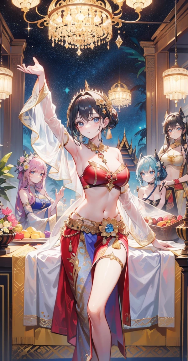 Group of 5 princesses,(5 young women,many young women), Various hair styles, harem, Wear a strapless Thai dress...., at night, detailed face, big breasts,Breast curtain, short skirt, mule, Sleeveless , Show your armpits, at night, starry at night,(((large areolae:1.4,pink,The nipples are clearly visible......))), Highest quality、Highest picture quality、Masterpiece,(((Navel drive,dance,dance))),(((Various positions))),