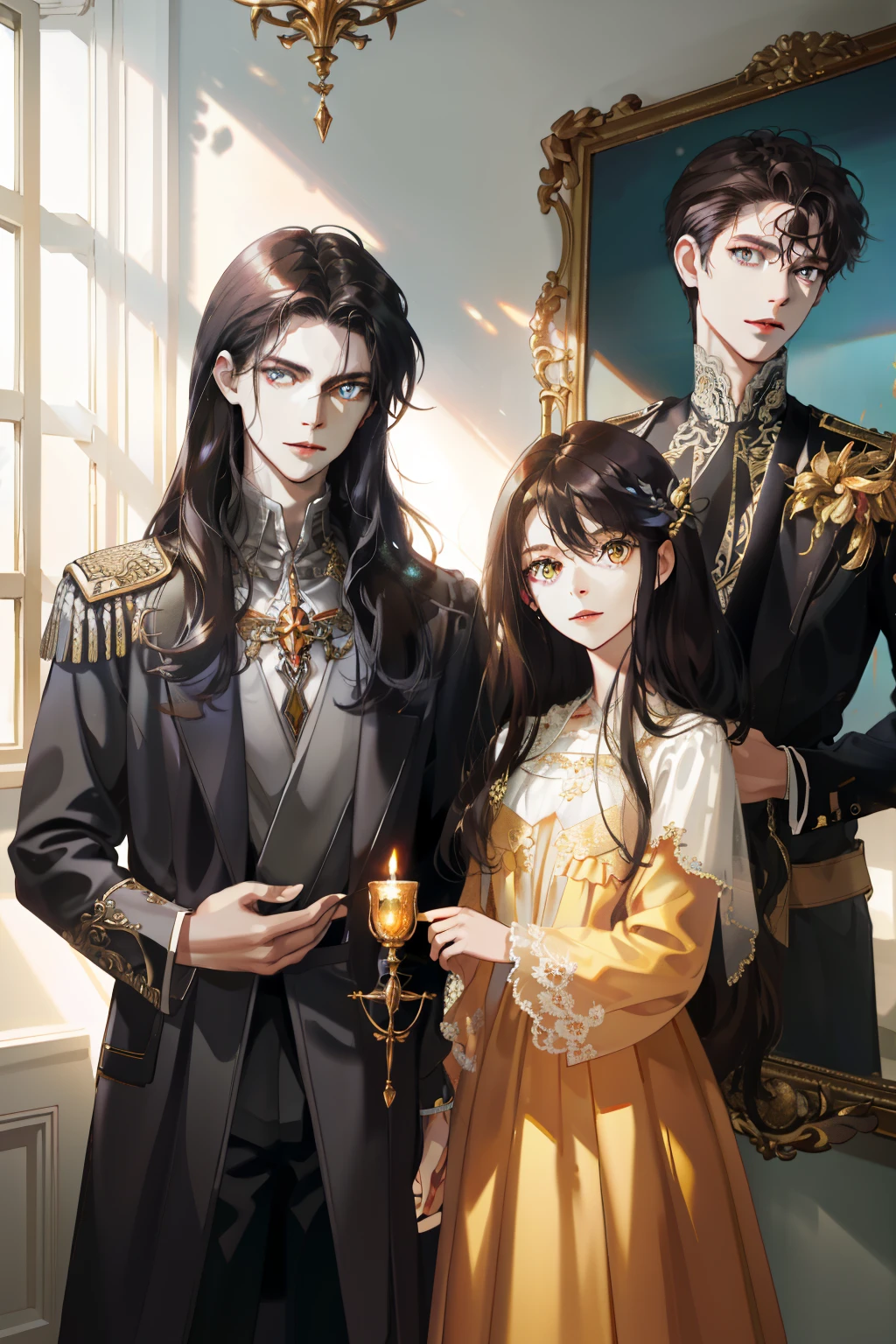 (absurd, high resolution, ultra detailed), When I noticed a painting on the wall.
It was a portrait of my family.
Zephyr stood beside. Valendrya. Her Dark hair and golden eyes highly resembled me. 
I stood in front of her With Valsendrake and Icarus standing beside me. 
painting