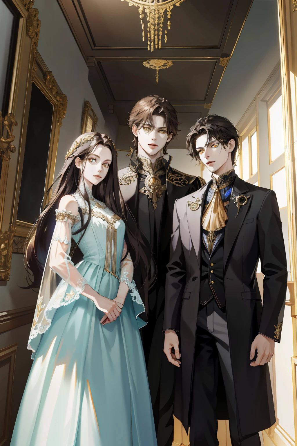 (absurd, high resolution, ultra detailed), When I noticed a painting on the wall.
It was a portrait of my family.
Zephyr stood beside. Valendrya. Her Dark hair and golden eyes highly resembled me. 
I stood in front of her With Valsendrake and Icarus standing beside me. 
painting